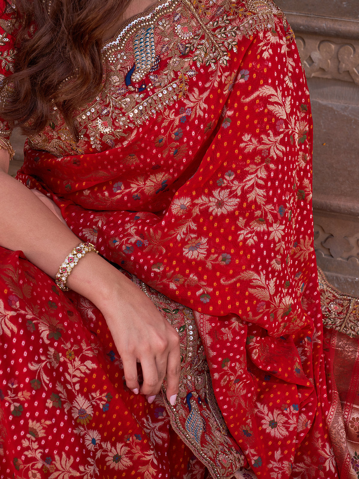 Scarlet red silk georgette saree with bandhani zari pallu