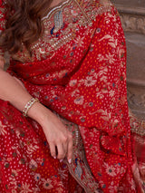 Scarlet red silk georgette saree with bandhani zari pallu