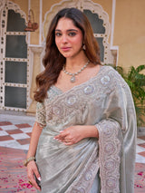 Sage green georgette silk saree with unstitched