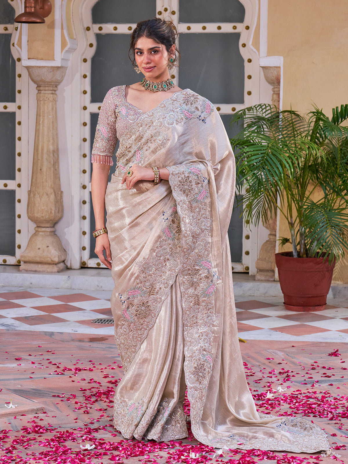 Champagne gold shimmer tissue silk saree with peacock motifs