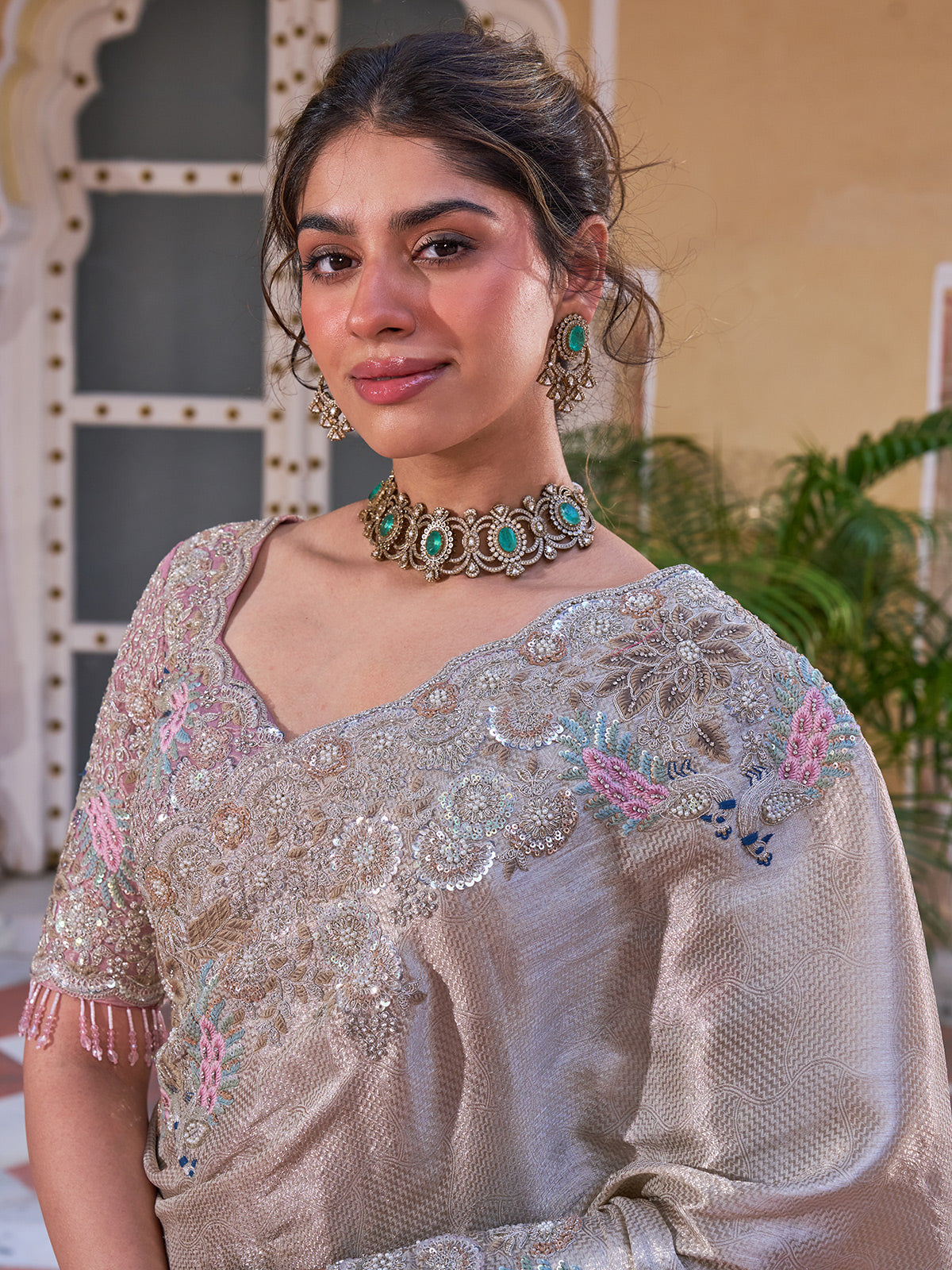 Champagne gold shimmer tissue silk saree with peacock motifs