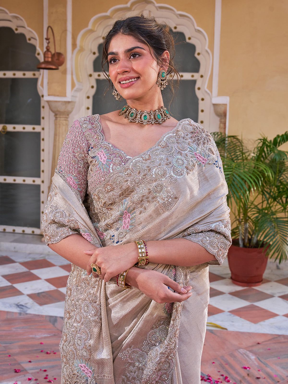 Champagne gold shimmer tissue silk saree with peacock motifs