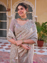 Champagne gold shimmer tissue silk saree with peacock motifs