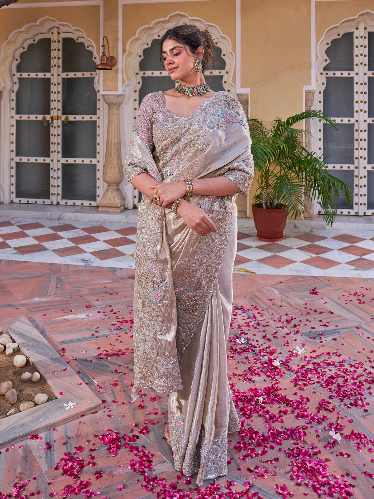 Champagne gold shimmer tissue silk saree with peacock motifs
