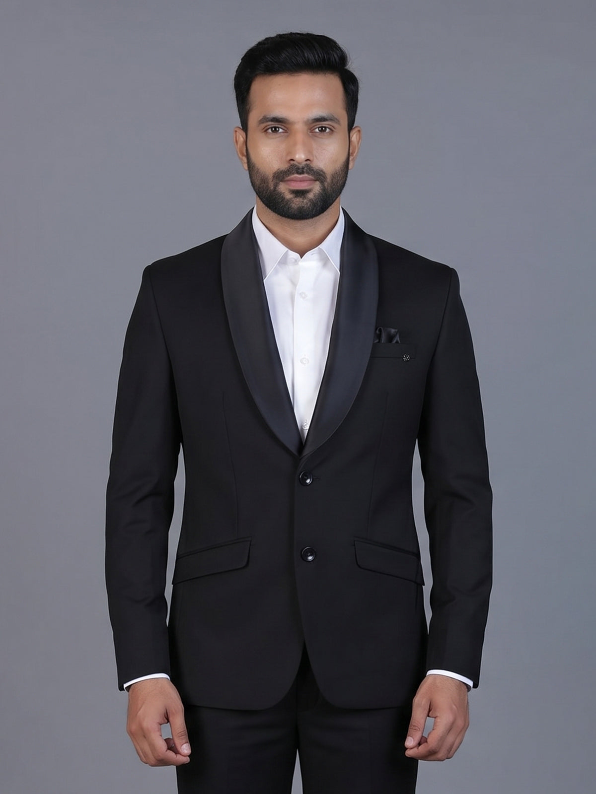 Black solid terry rayon blazer for formal wear