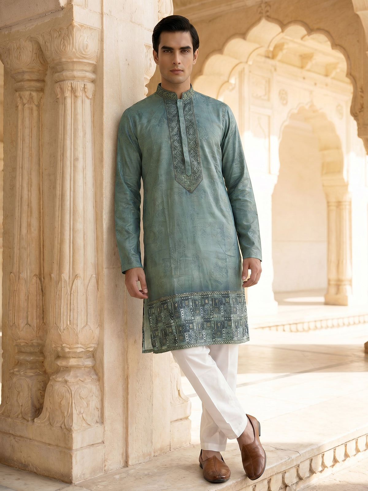 Green cotton silk daman printed kurta suit