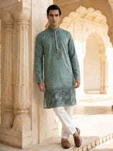 Green cotton silk daman printed kurta suit