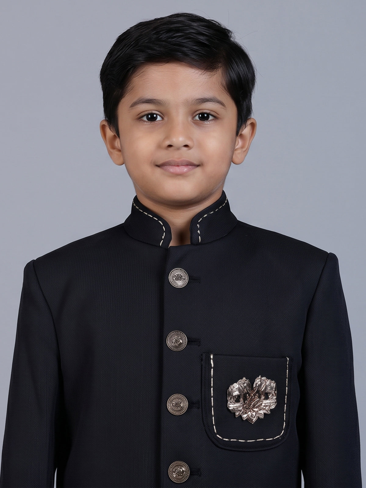 Black polyester viscose jodhpuri suit with brooch