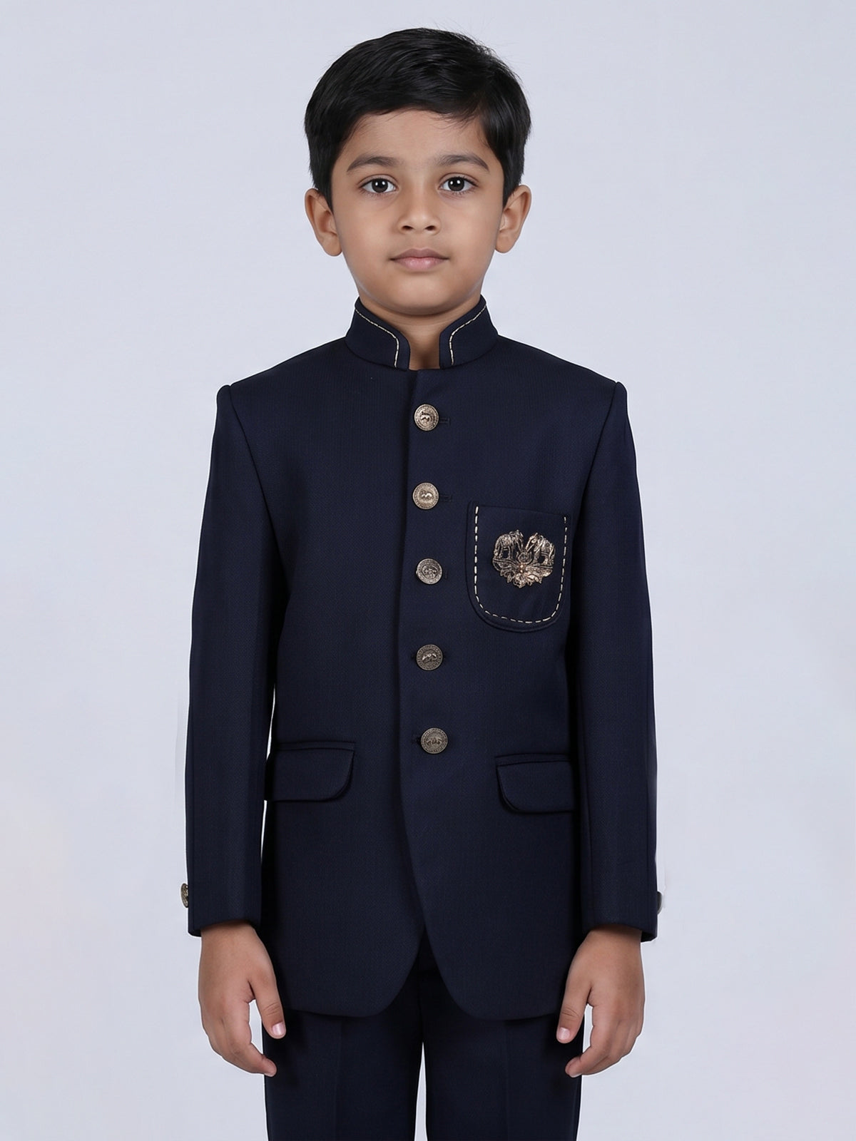Navy polyester viscose jodhpuri suit with brooch