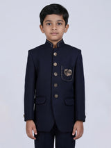 Navy polyester viscose jodhpuri suit with brooch