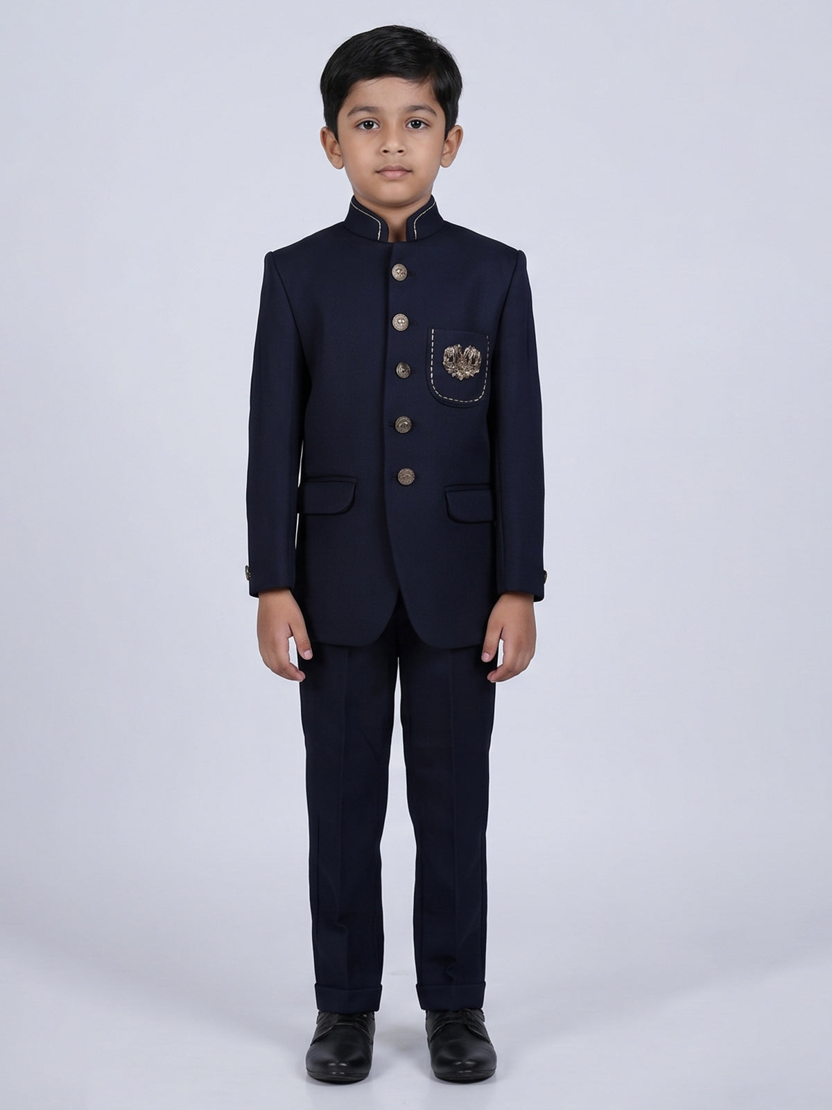 Navy polyester viscose jodhpuri suit with brooch