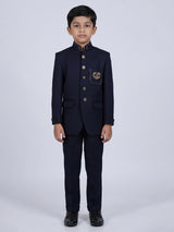 Navy polyester viscose jodhpuri suit with brooch