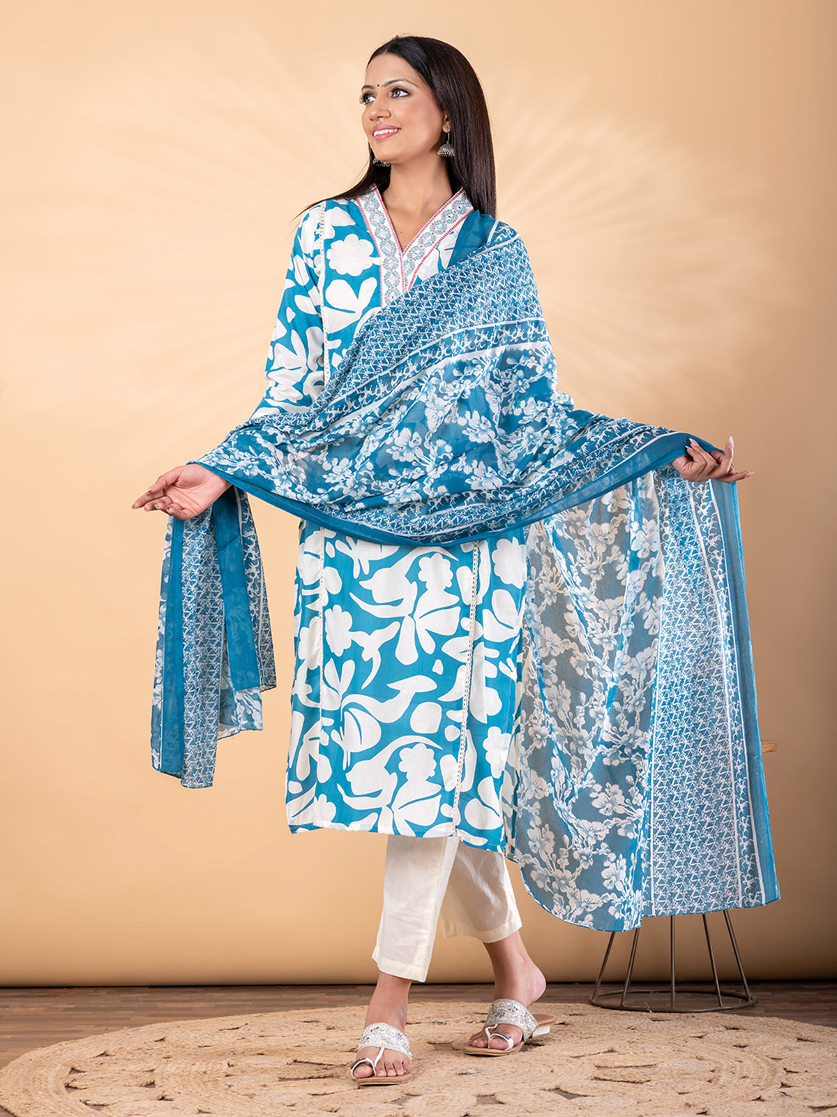 Blue cotton kurti set with printed dupatta