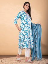 Blue cotton kurti set with printed dupatta