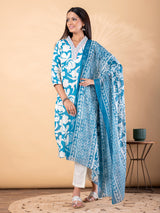 Blue cotton kurti set with printed dupatta