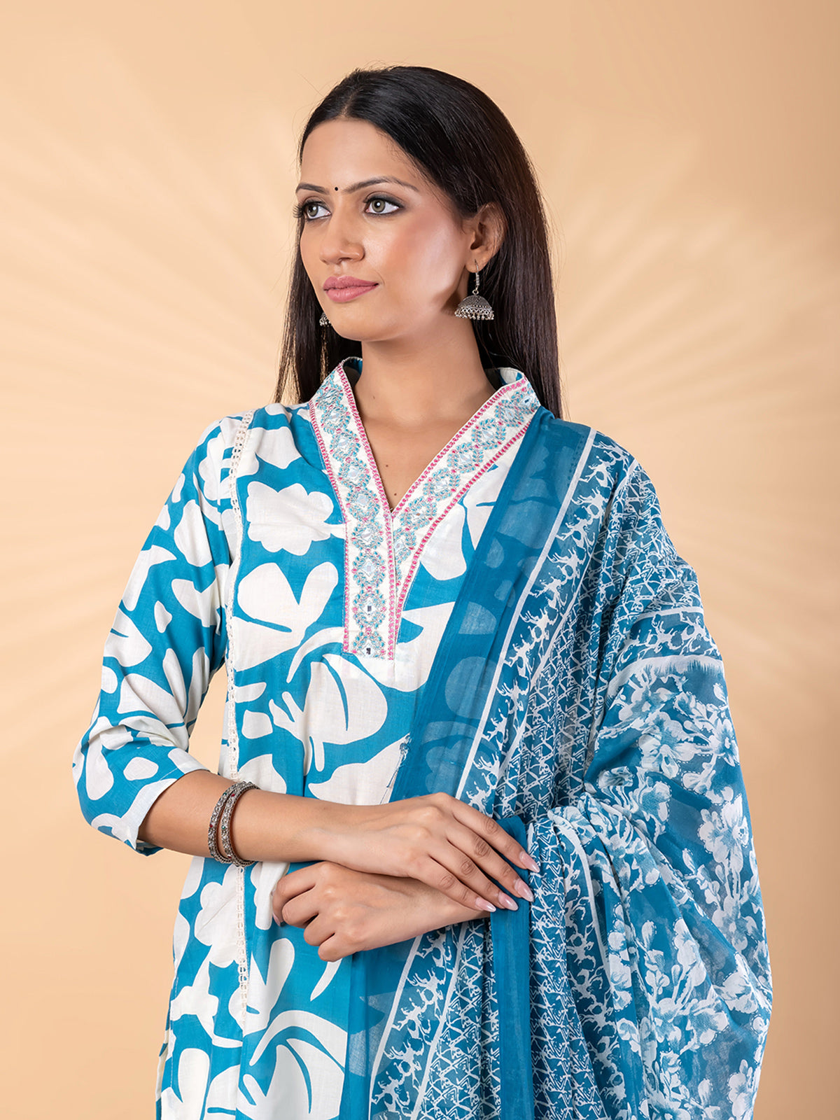 Blue cotton kurti set with printed dupatta