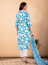 Blue cotton kurti set with printed dupatta