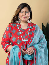 Red cotton printed kurti set for casuals