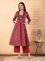 Maroon cotton printed kurti set with dupatta