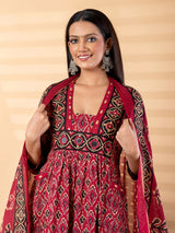 Maroon cotton printed kurti set with dupatta