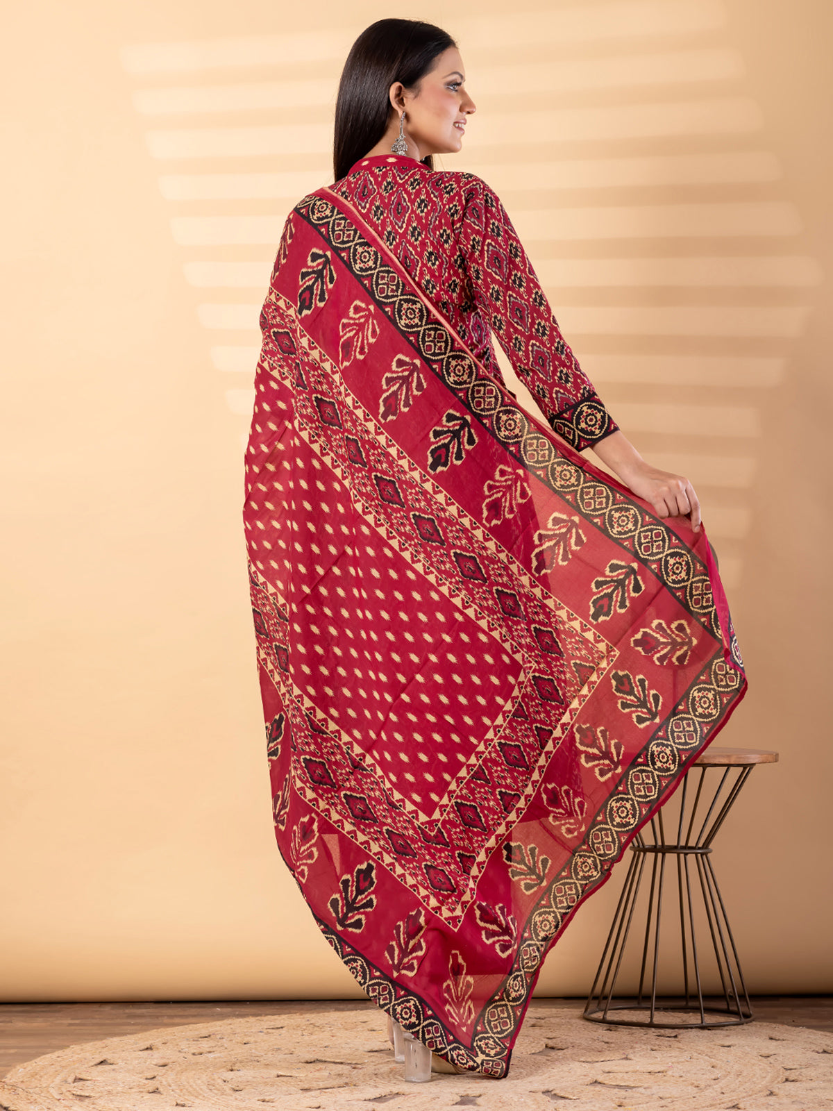 Maroon cotton printed kurti set with dupatta