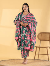 Green cotton printed kurti set for casual wear