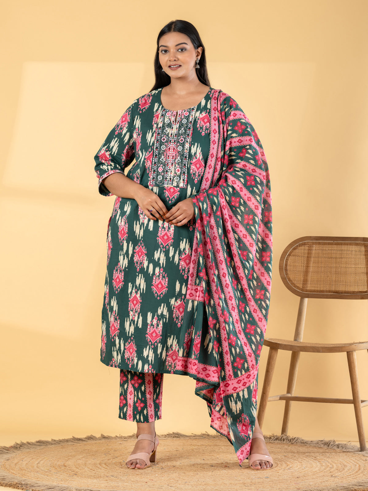 Green cotton printed kurti set for casual wear