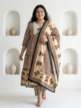 Cream cotton printed festive wear kurti set with dupatta