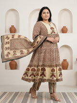 Cream cotton printed festive wear kurti set with dupatta