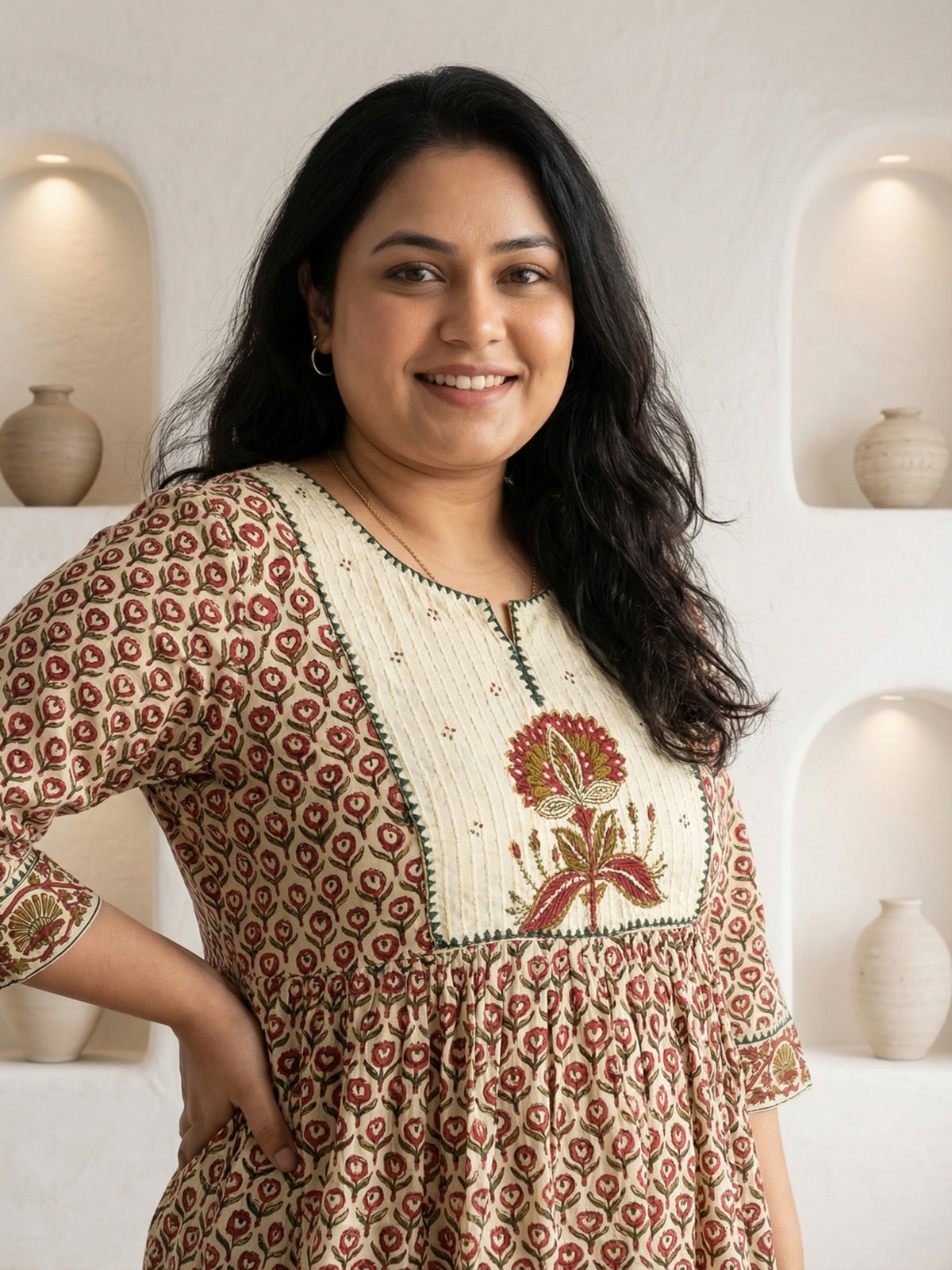 Cream cotton printed festive wear kurti set with dupatta