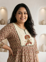 Cream cotton printed festive wear kurti set with dupatta
