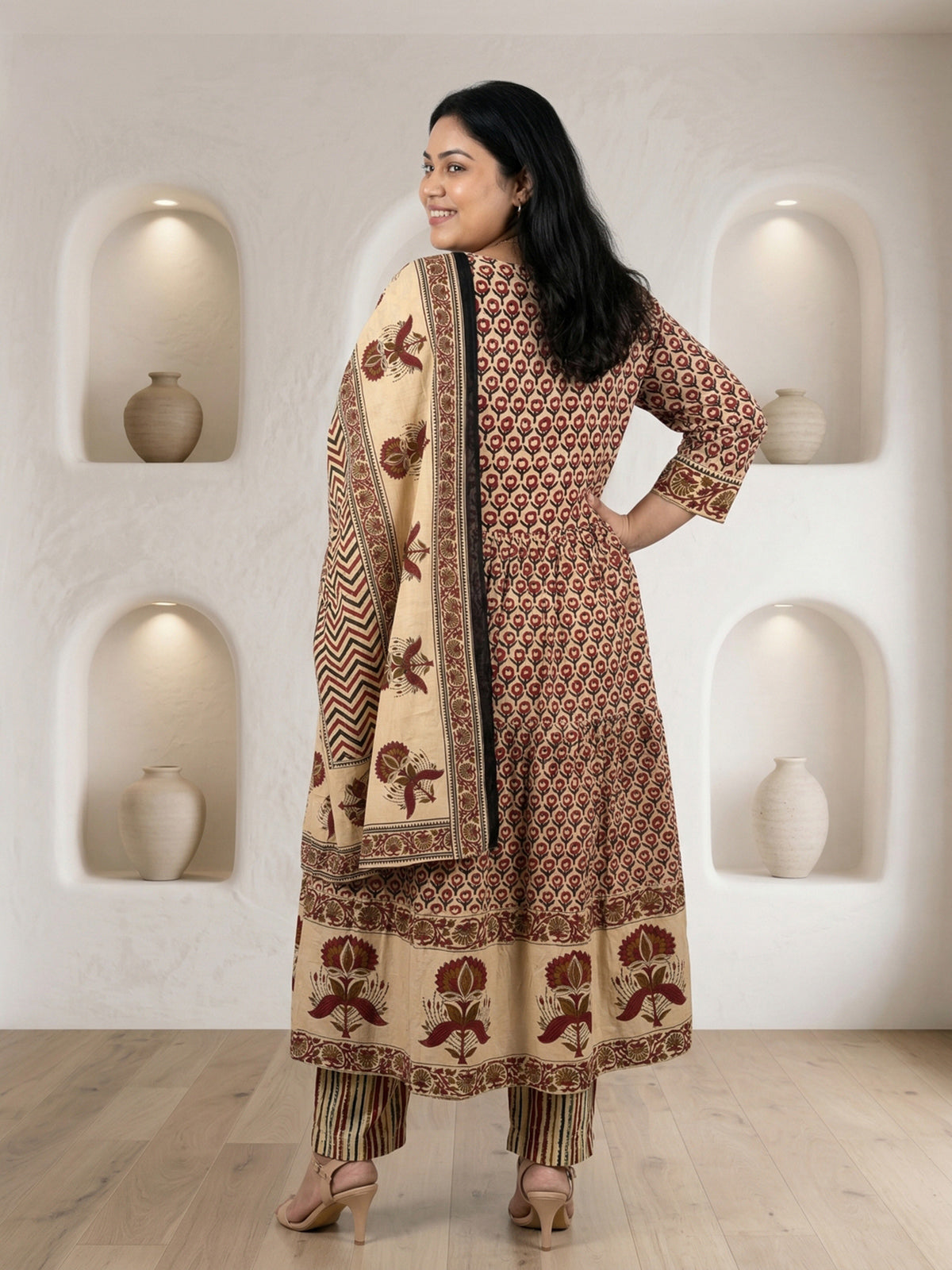 Cream cotton printed festive wear kurti set with dupatta