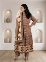 Cream cotton printed festive wear kurti set with dupatta