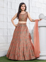 Dark peach jaquard silk lehenga choli