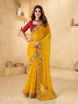 Yellow georgette printed saree with festive shimmer