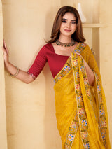 Yellow georgette printed saree with festive shimmer