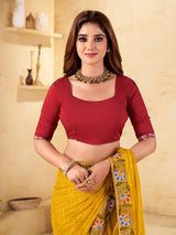 Yellow georgette printed saree with festive shimmer