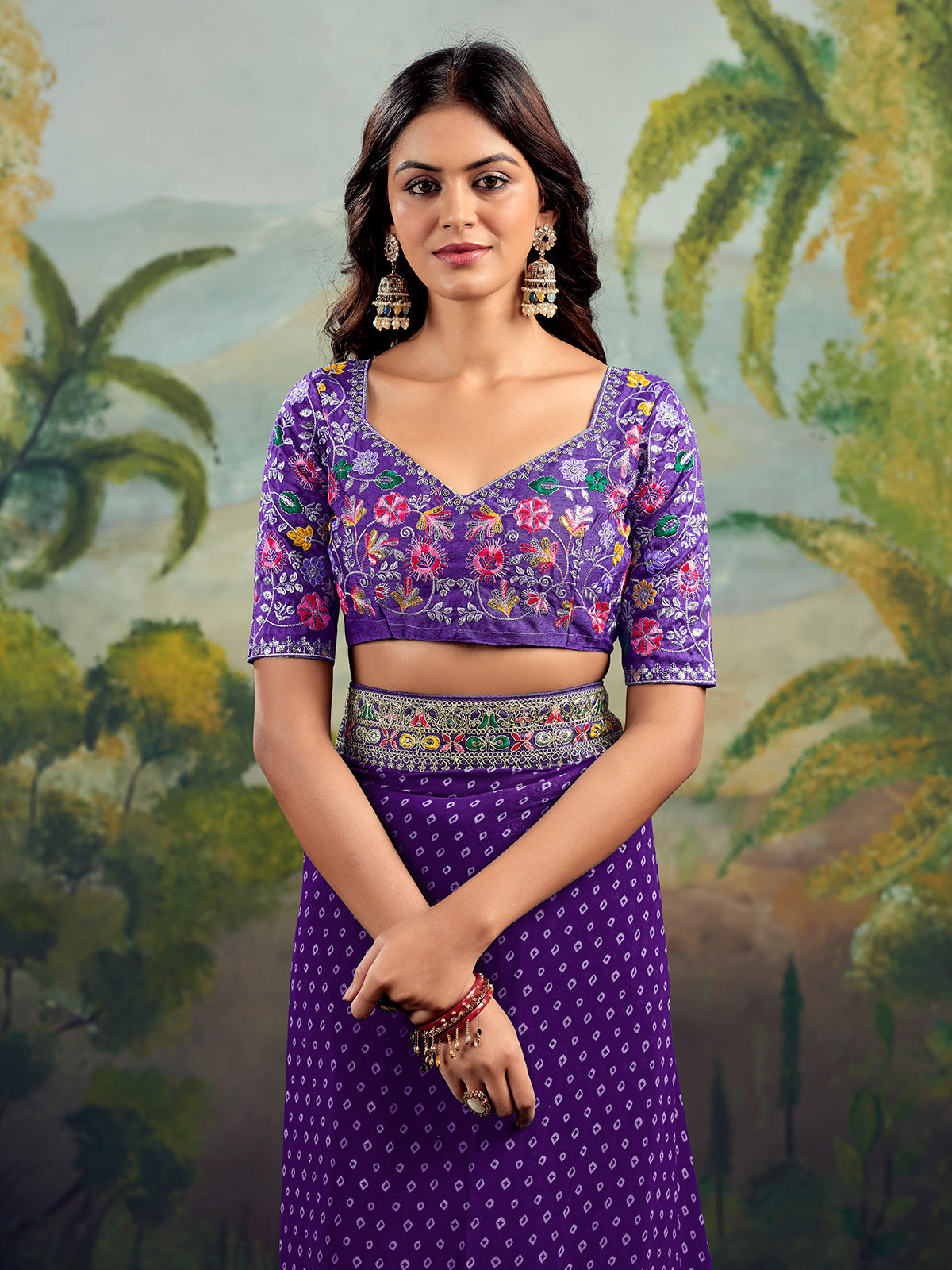 Purple raw silk bandhej saree with sequin work