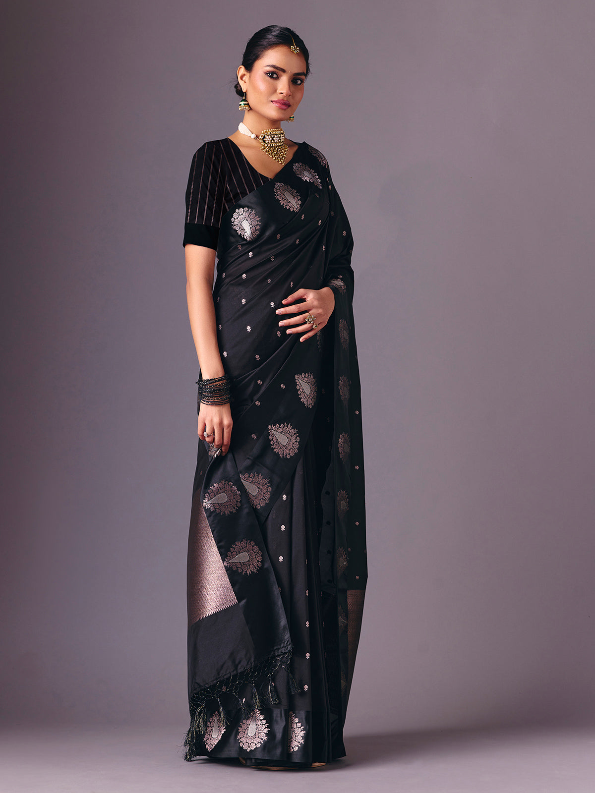 Black semi silk party wear zari work saree