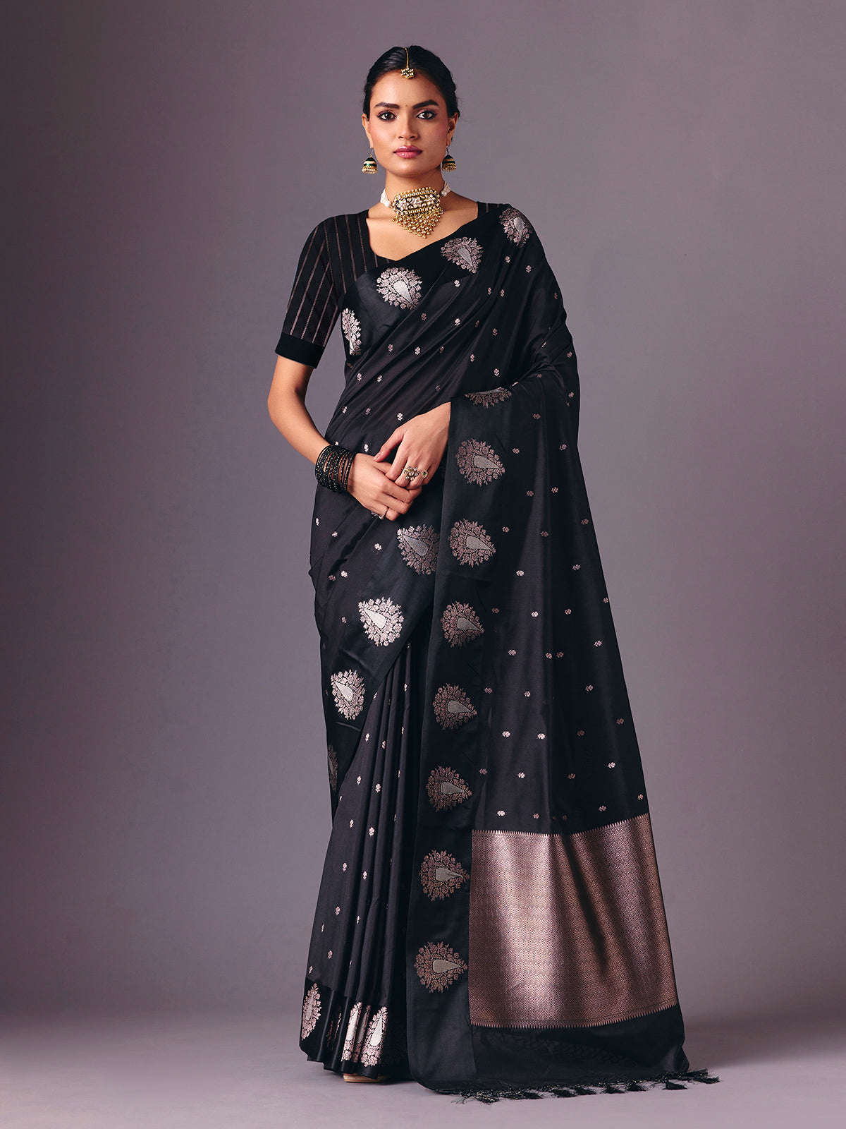 Black semi silk party wear zari work saree