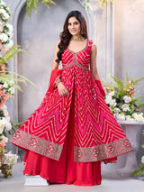 Cherry red chinon anarkali suit with palazzo for women