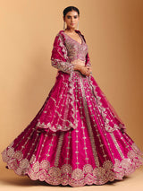 Deep rani pink raw silk lehenga choli with mirror embellishments