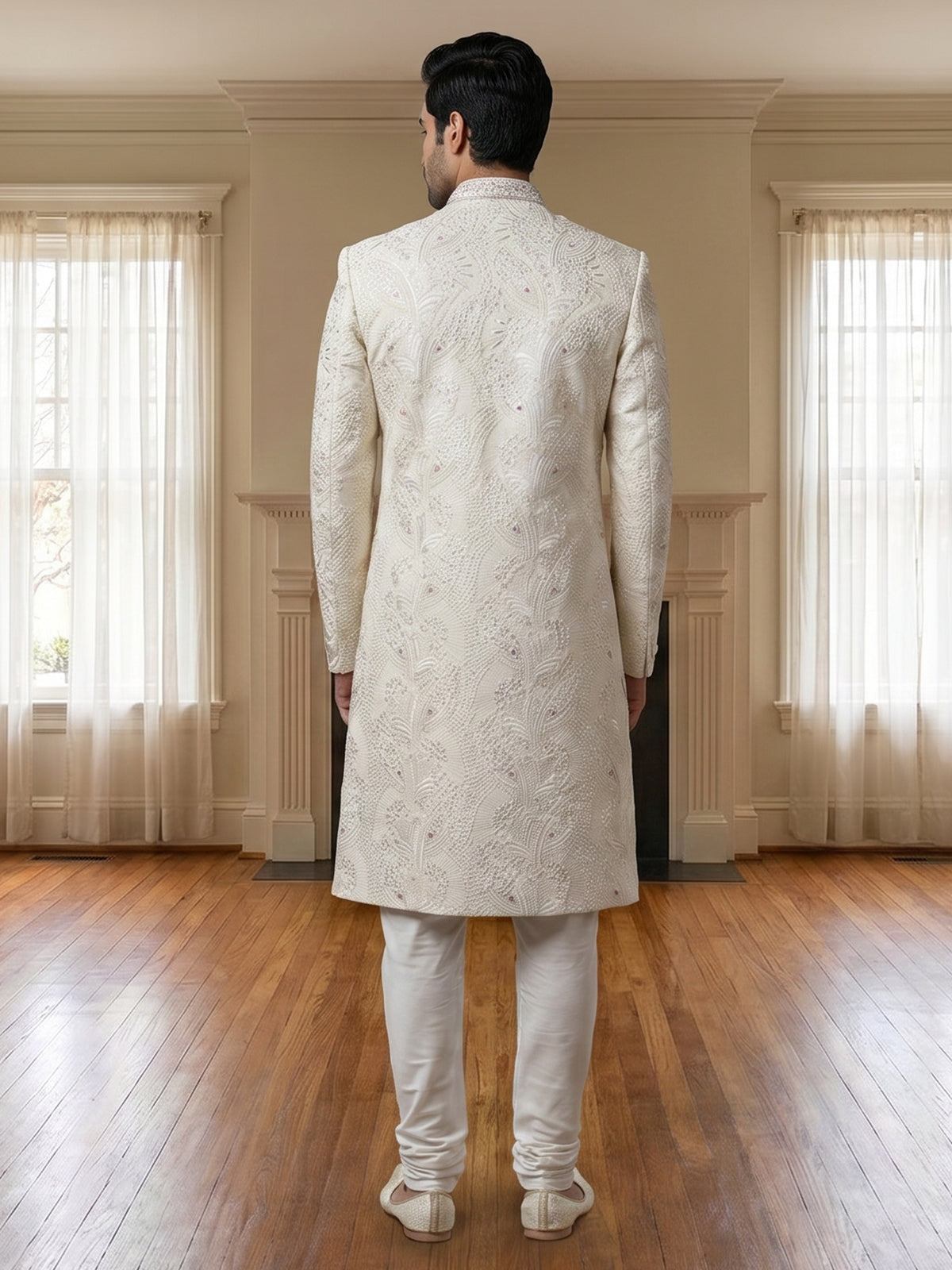 Cream chikankari sherwani with ornate collar detailing