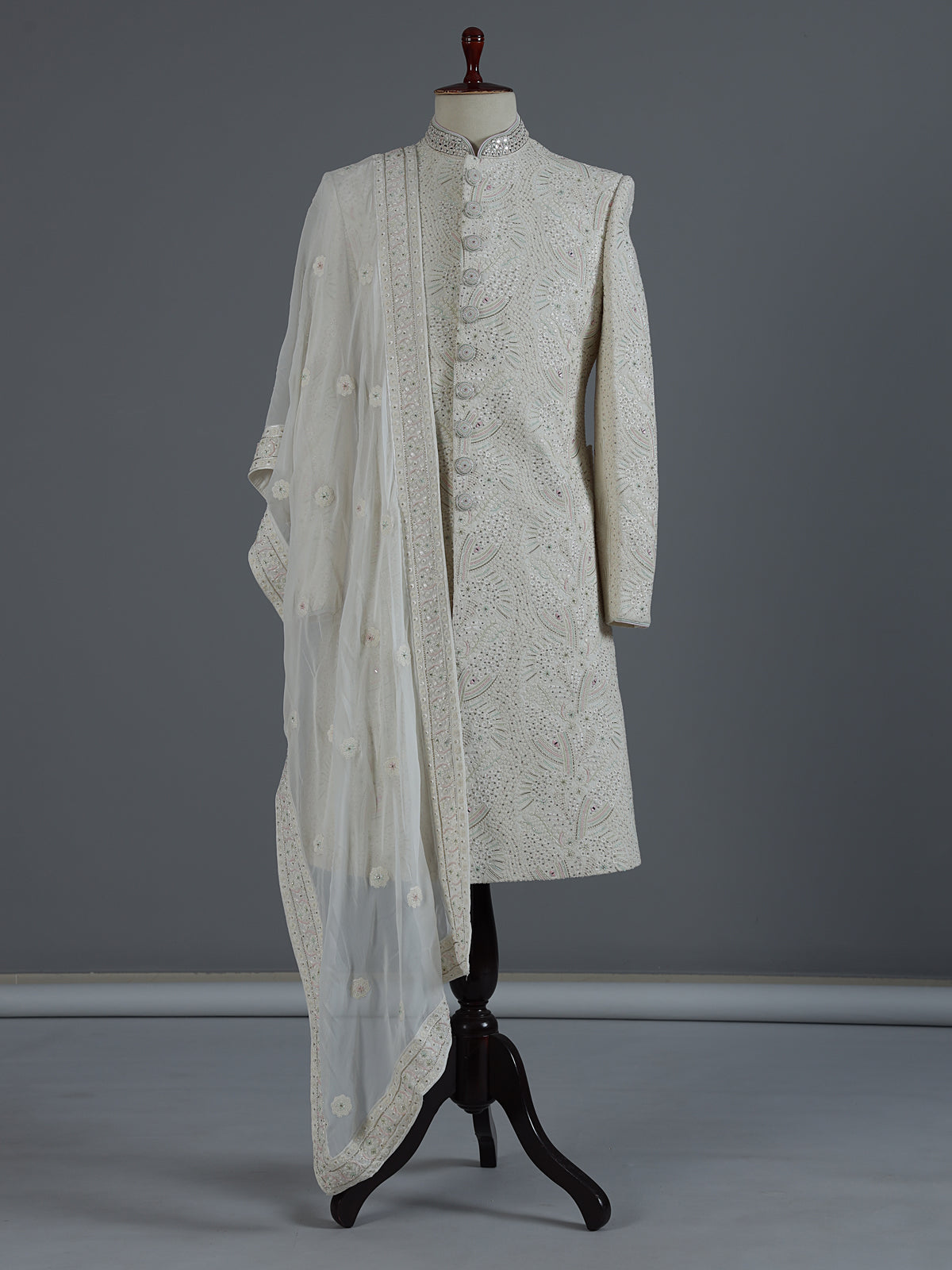 Cream chikankari sherwani with ornate collar detailing