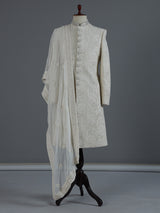Cream chikankari sherwani with ornate collar detailing