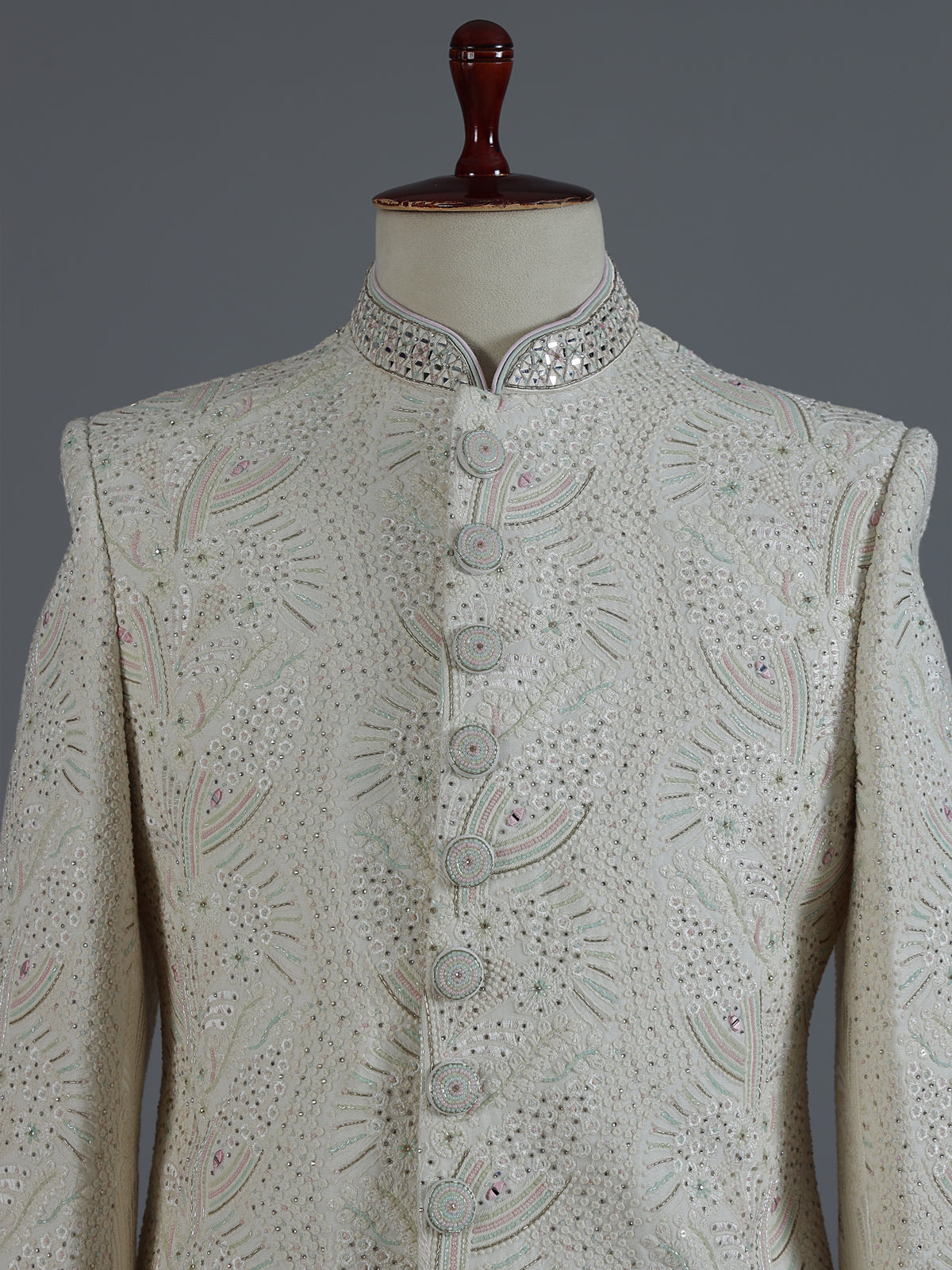 Cream chikankari sherwani with ornate collar detailing