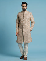 Beige silk sherwani with rich resham and zardosi accents