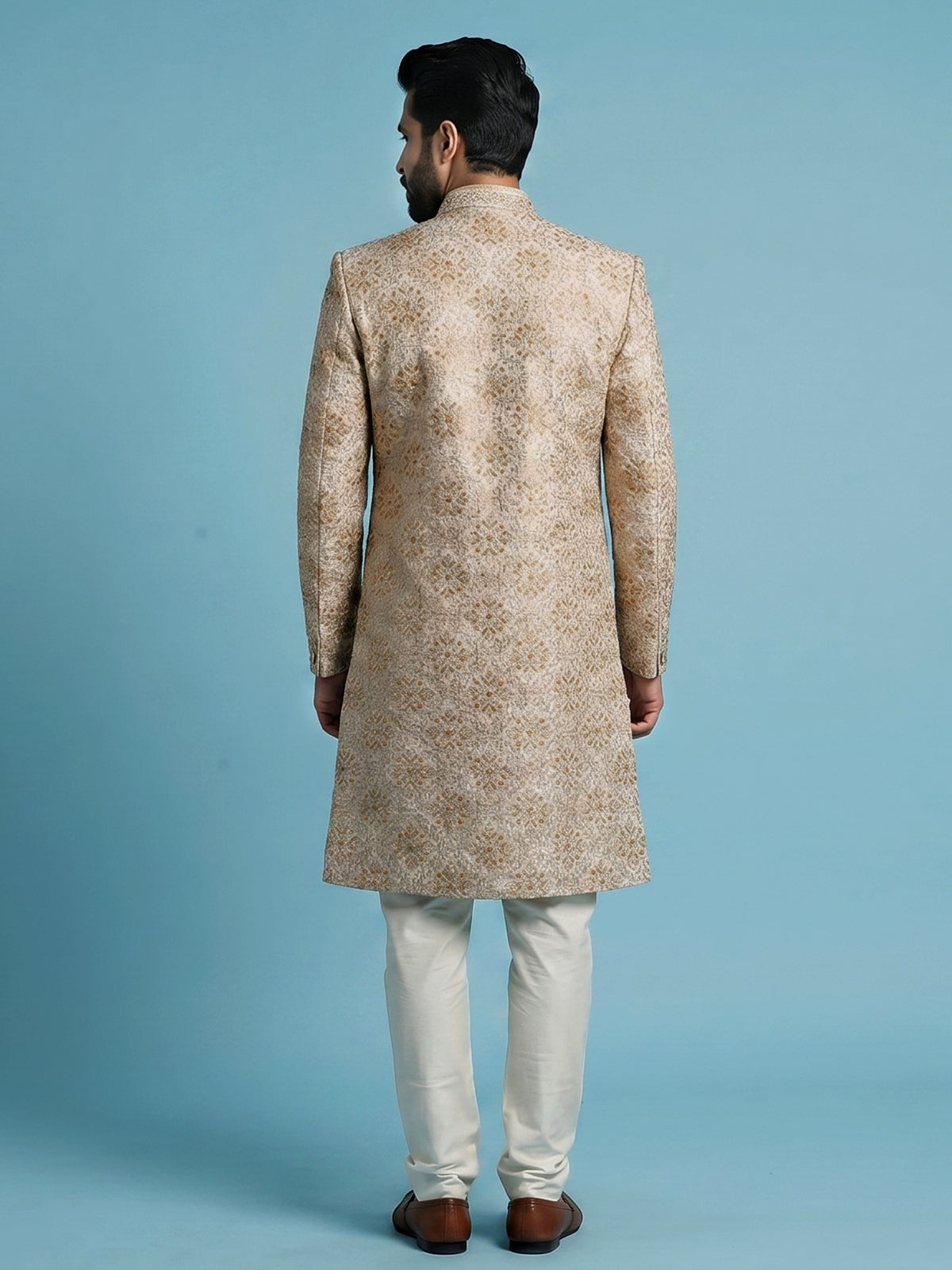 Beige silk sherwani with rich resham and zardosi accents
