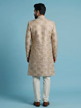 Beige silk sherwani with rich resham and zardosi accents