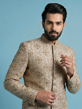 Beige silk sherwani with rich resham and zardosi accents